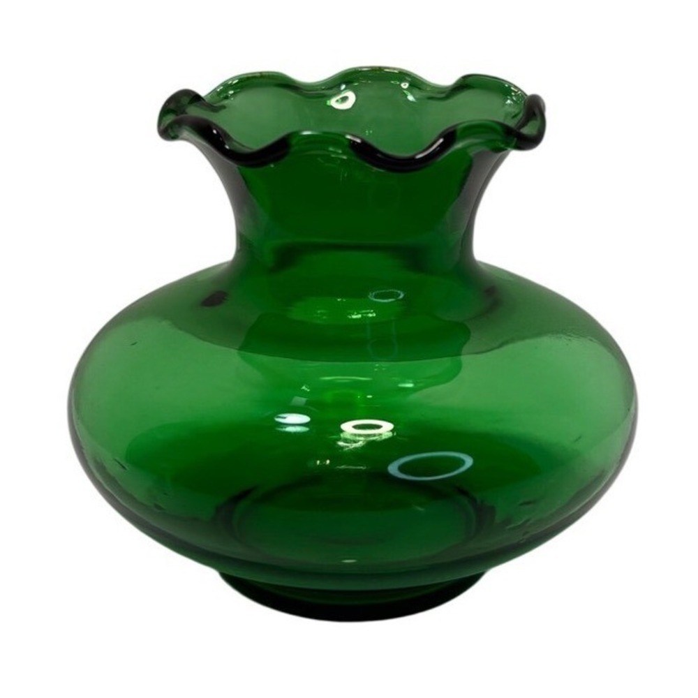 Emerald Green Glass Ruffled Rim Bud Vase Mid Century Modern MCM Vintage